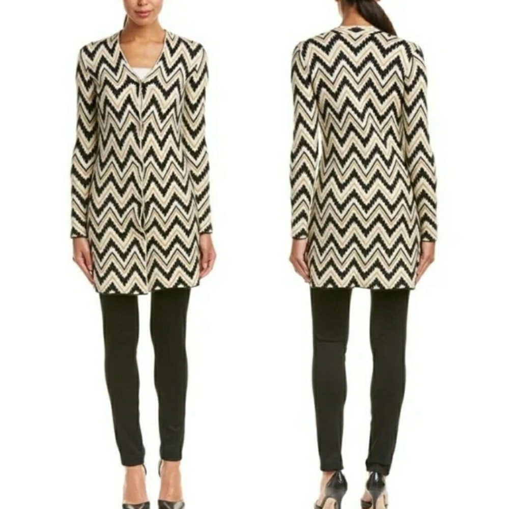 J. McLaughlin Chevron Cardigan Sweater XS Black Cream Gold Yellow Longline Warm